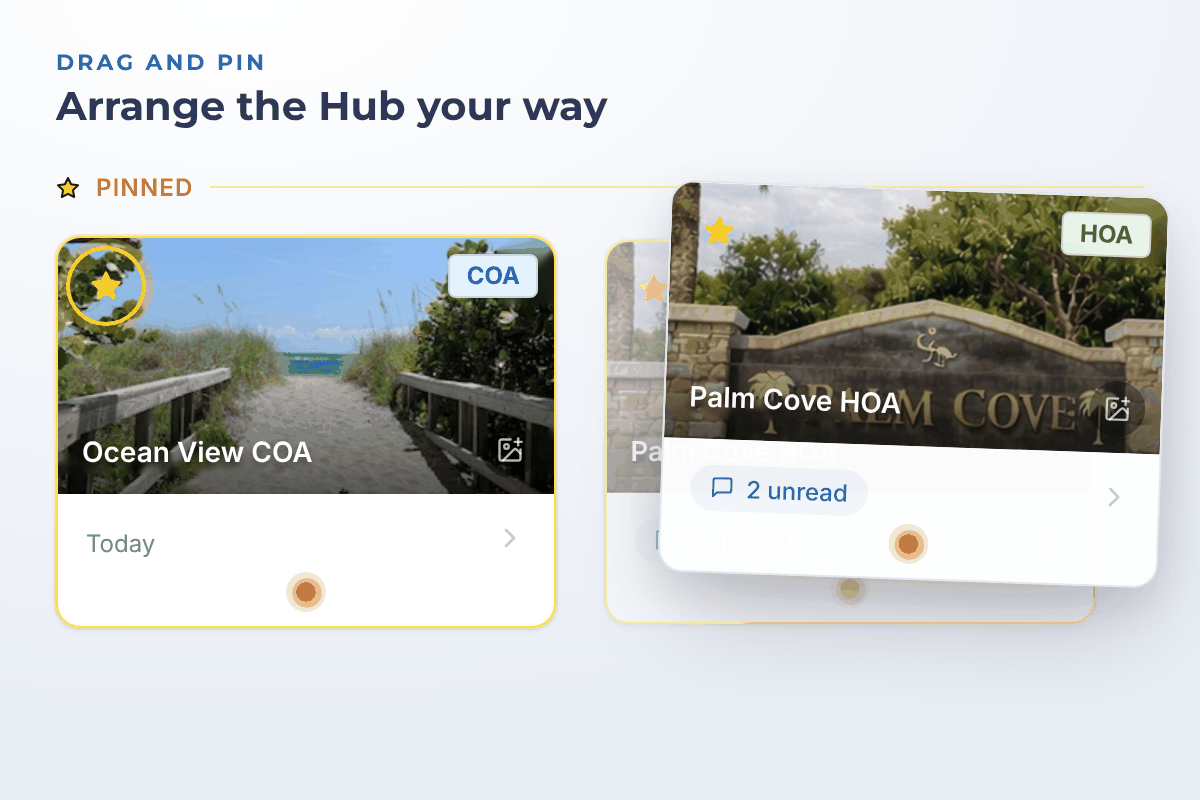 The Pinned row of the Association Hub with a highlighted star pin on one card and a second card lifted mid-drag above its placeholder.