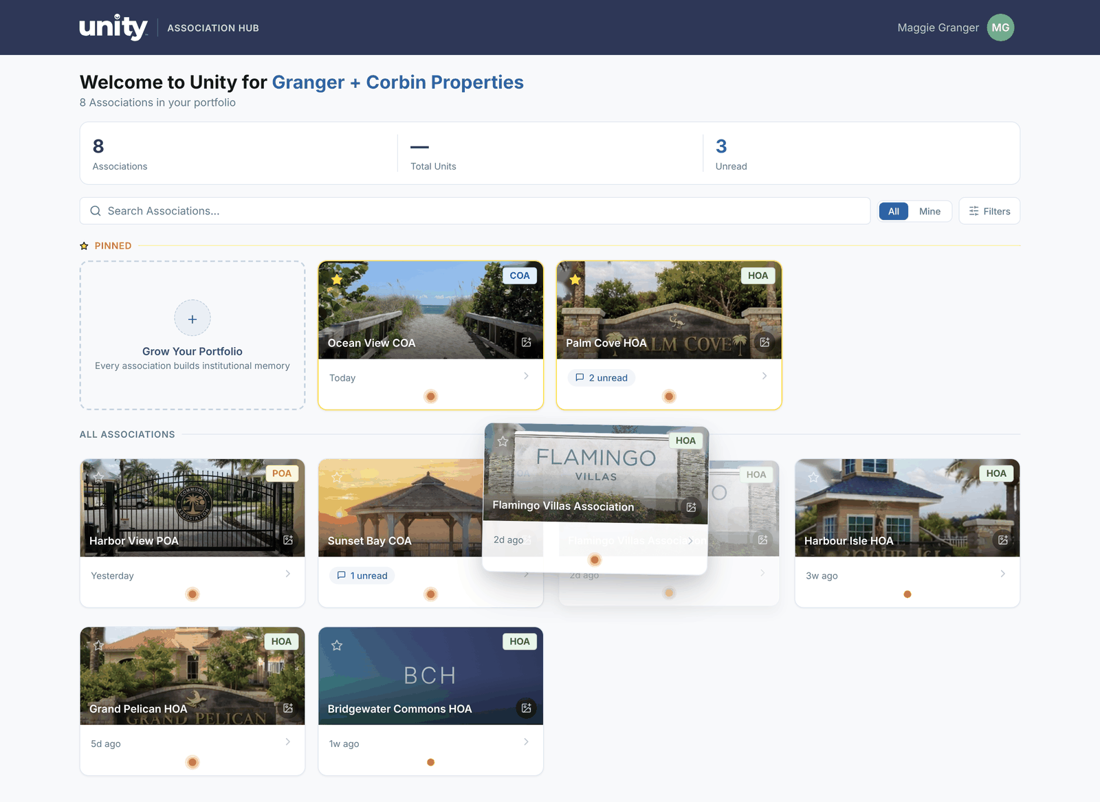 The UNITY Association Hub dashboard for Granger + Corbin Properties, showing 8 associations as photo cards with HOA, COA and POA badges, a summary bar with 3 unread board messages, two cards pinned to the top, and one card being dragged to a new position.