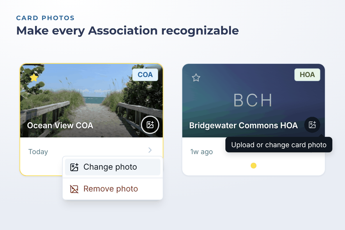 Two Association Hub cards.  The first shows the card photo menu open with Change photo and Remove photo.  The second has no photo and shows the Association's initials on a navy and teal background.