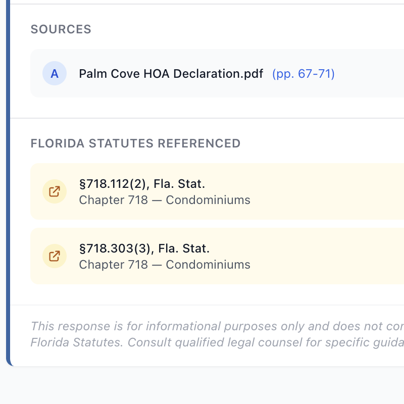 DocuQuest showing sources with page citations and Florida Statutes